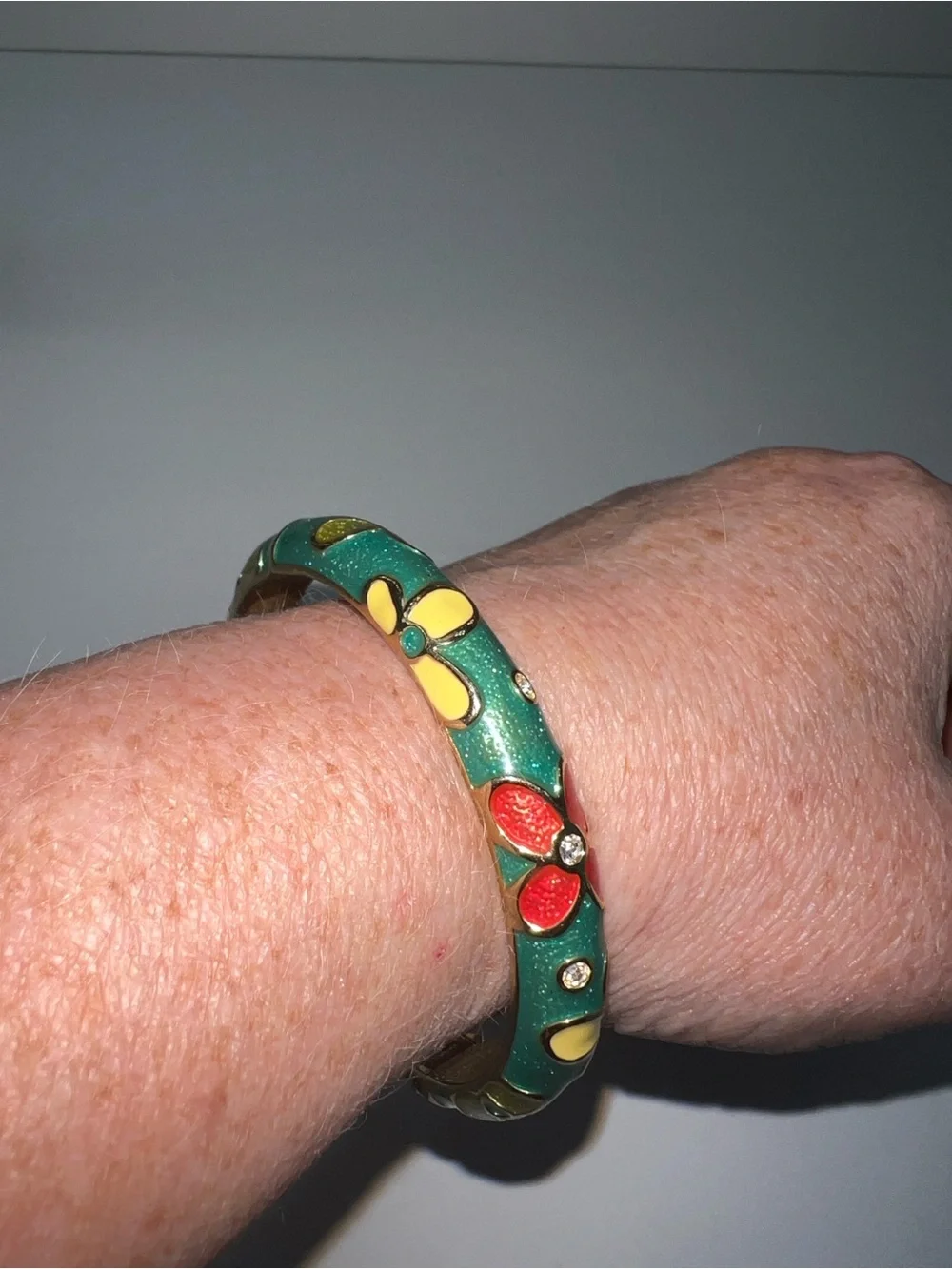 Betsey Johnson Green Enamel Hinged Floral Bangle with Red & Yellow Flowers